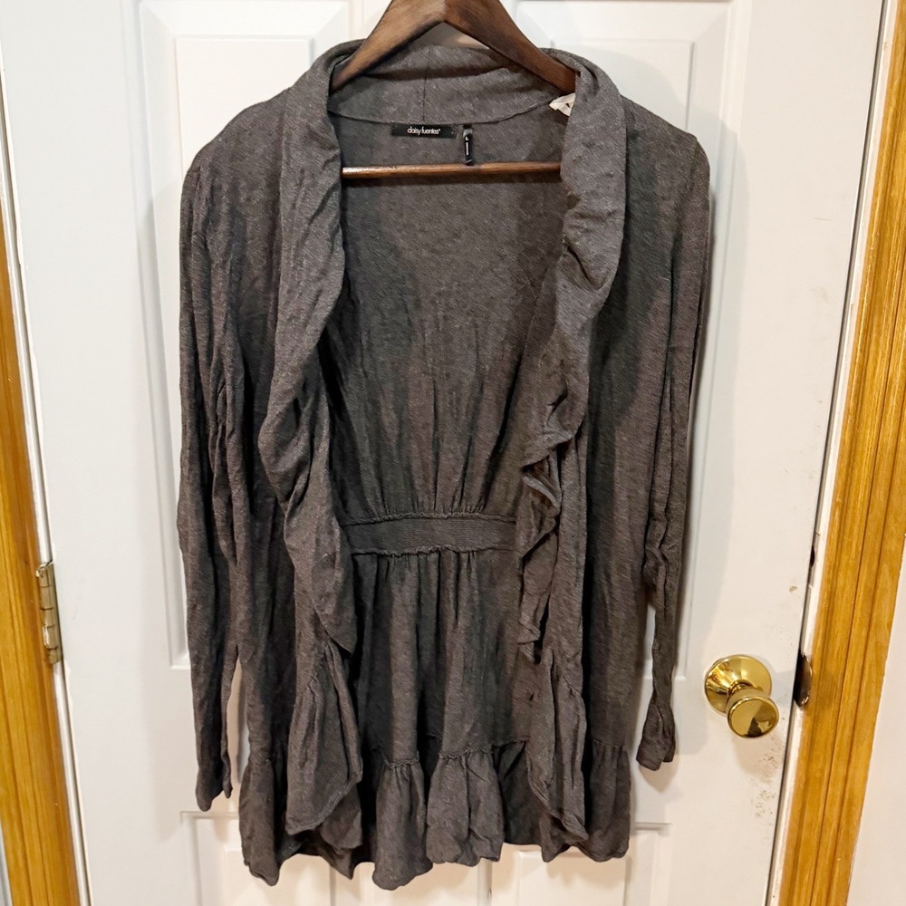 Daisy Fuentes Cardigan Women Large Gray Ruffle Open Front Sweater Lightweight
